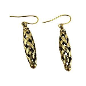 Vintage Basket Weave Elongated Burnished Gold Tone Dangle Drop 1.5" Earrings